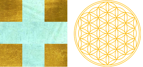 Razun Im Herstellungs-Button ist Kreuz und Lebensblume in gold und türkis