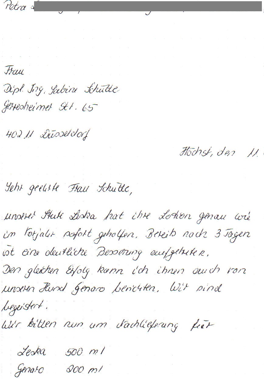 Referenz und Dankesbrief für die schnelle Hilfe der Razun R+X Produkte für ein Pferd und einen Hund