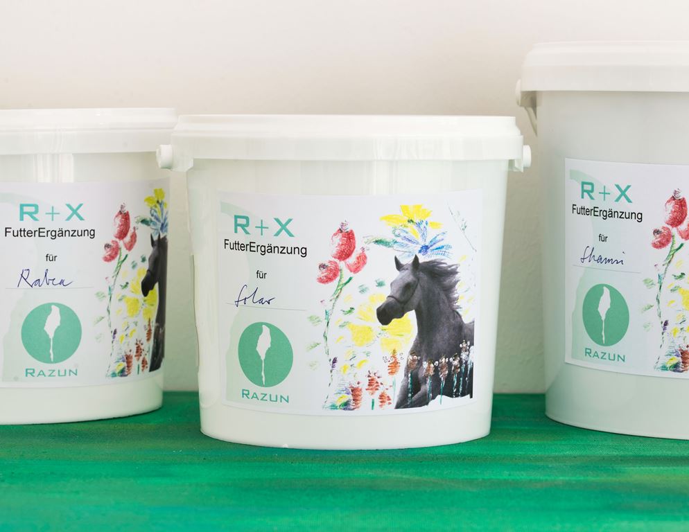 RAZUN Drei exemplarische Futtereimer der individuellen Futterergänzung