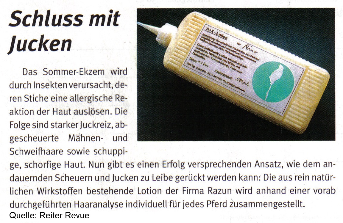 RAZUN Pressebericht zum Thema Sommerekzem im Pferde-Journal Reiter-Revue. Schluss mit Jucken