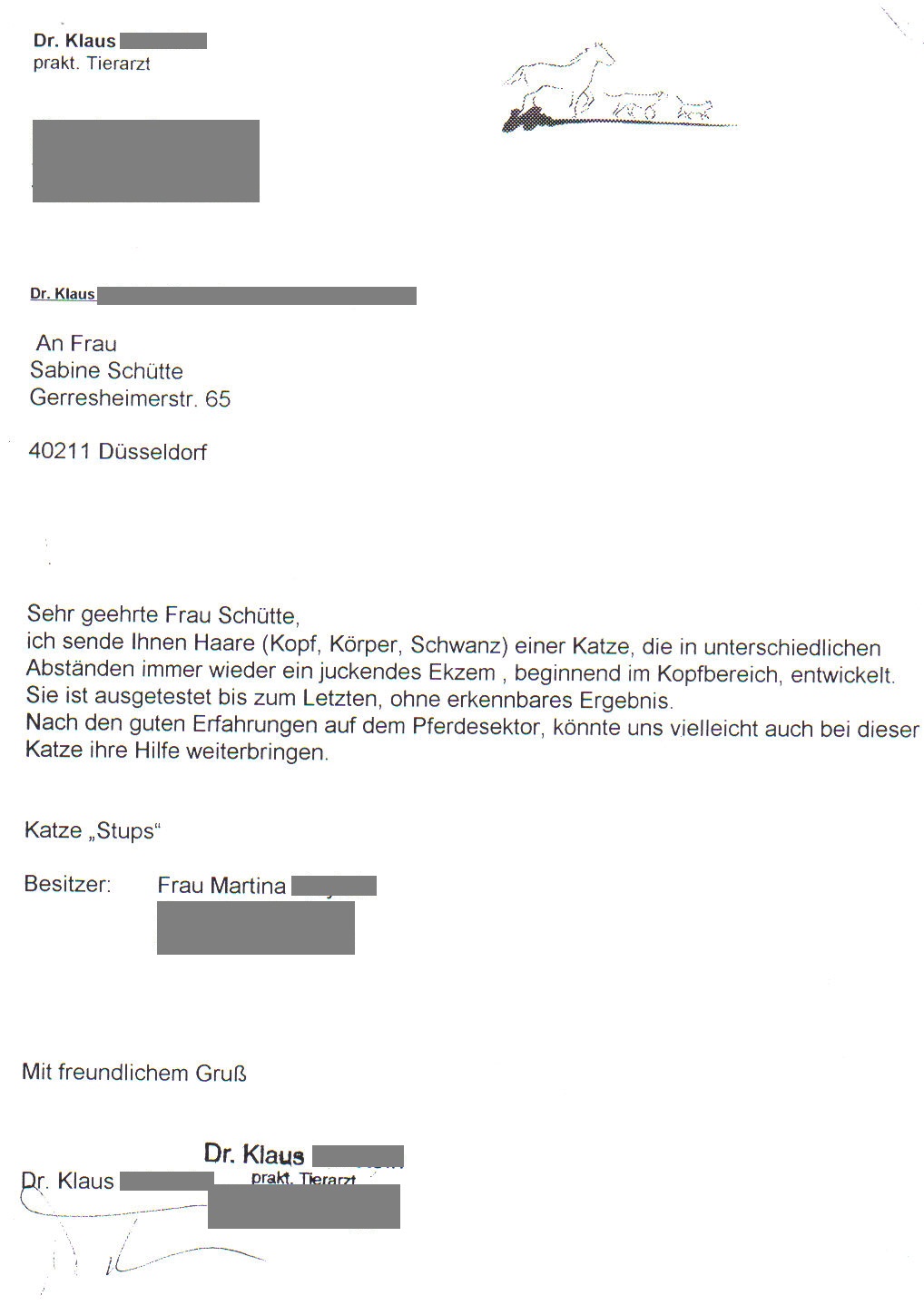 RAZUN Referenzbrief und Bestellung einer R+X Fellpflegelotion durch einen Tierarzt für eine kranke Katze