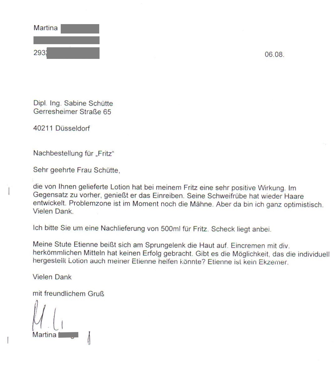 Razun Referenzbrief und Nachbestellung nach Soforthilfe durch R+X Sommerekzemlotion