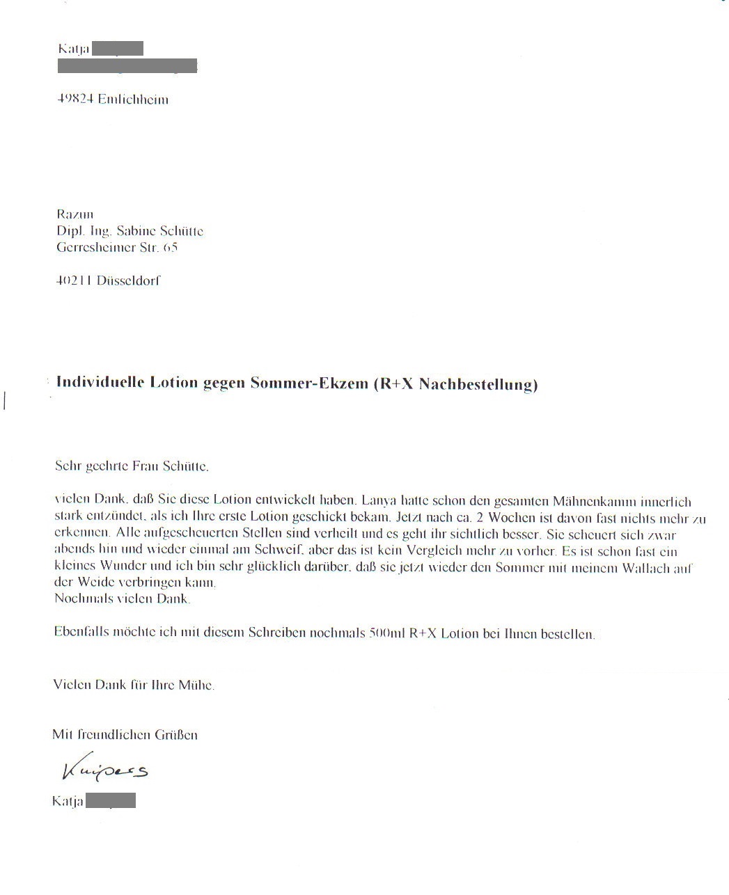 RAZUN Referenz Dankesbrief und Nachbestellung für eine Sommerekzem Stute, der die R+X Sommerekzemlotion sofort geholfen hat