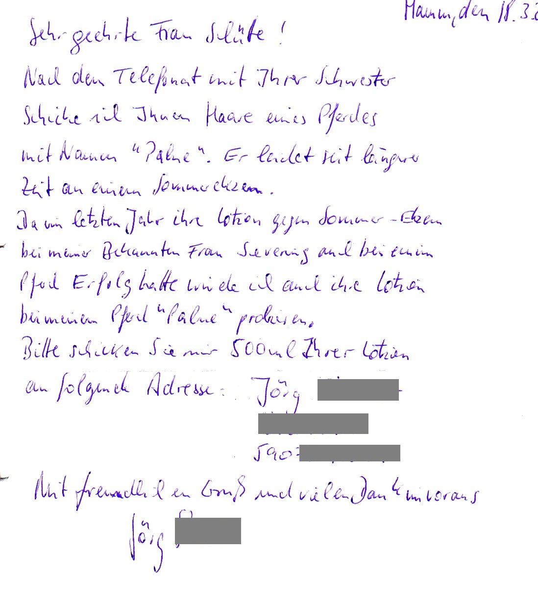 Razun Erstbestellung einer R+X Sommerekzemlotion nach Kundenempfehlung nach Soforthilfe