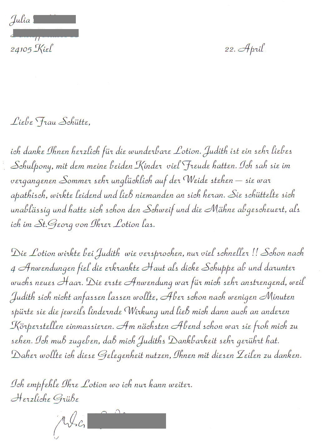 Razun Referenz und Dankesbrief einer Kundin, die ein ehemaliges Schulpferd mit der R+X Sommerekzemlotion versorgt hat