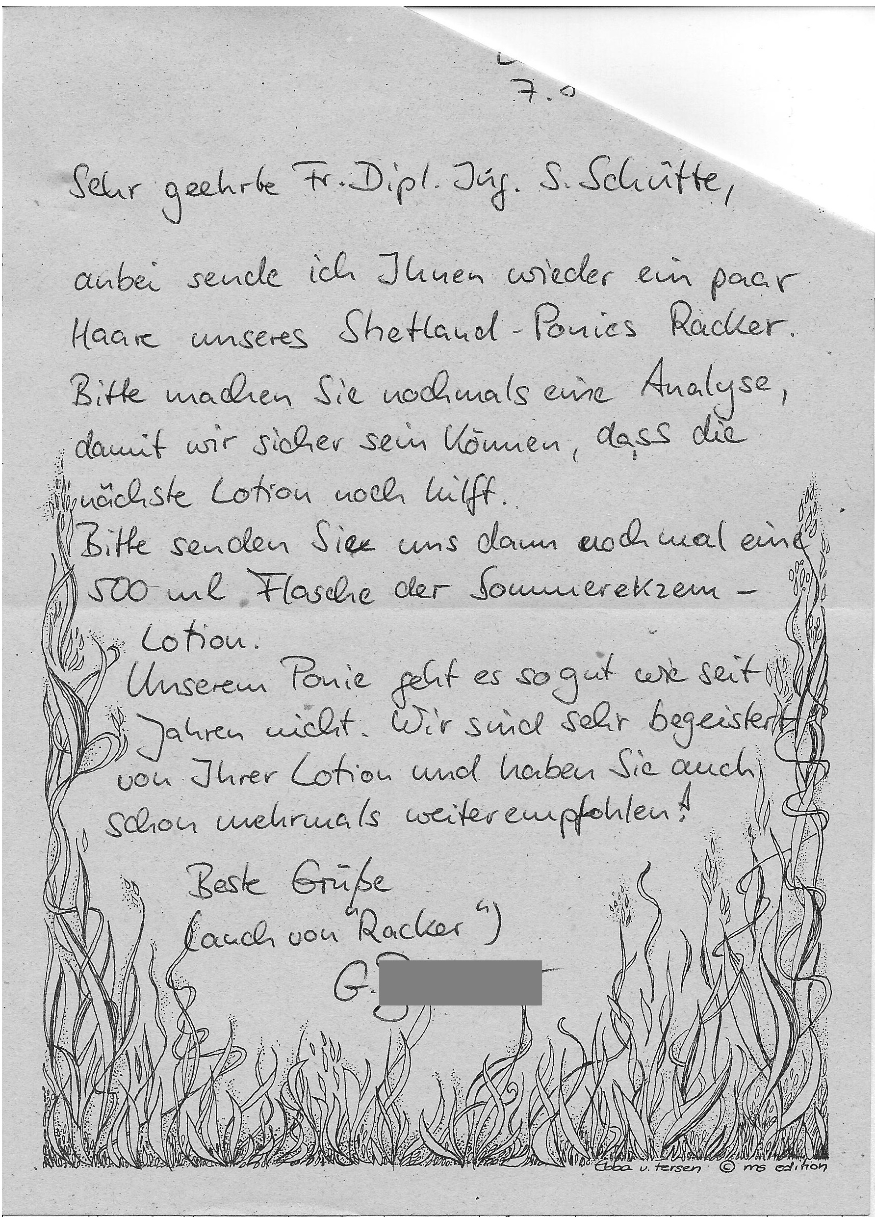 RAZUN Referenzbrief eines erfolgreich behandelten Ponys mit Namen Racker