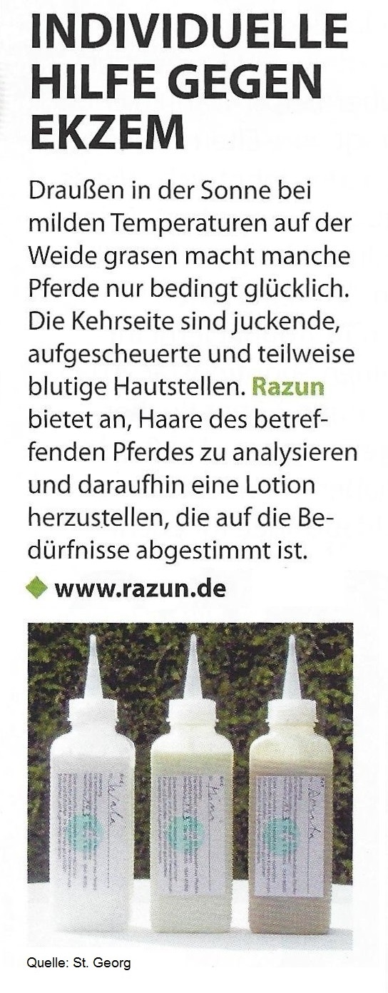 RAZUN Pressebericht im Pferde-Journal St. Georg. Individuelle Hilfe gegen Ekzem